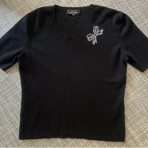 ZHENGDA 100% Cashmere Crewneck Short Sleeve Sequin Bow Embellished Sweater L